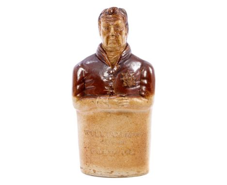 Early 19th century salt glazed stoneware reform flask moulded with bust of King William IV, wearing Garter Star, impressed to