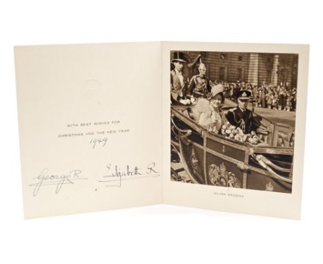 HM King George VI and Queen Elizabeth - signed 1949 Christmas card with gilt embossed crown to cover, black and white photogr