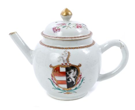 18th century Chinese export armorial teapot and cover, circa 1755, of globular form, painted in enamels with coat of arms of 