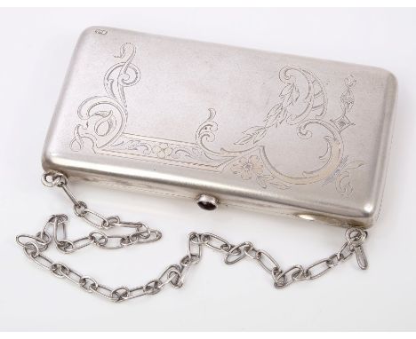 Early 20th century Russian silver purse of rectangular form, with engraved foliate decoration and traces of original gilding,