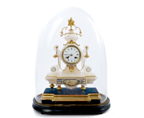 Late 19th century French gilt metal and alabaster mantel clock with eight day movement striking on a bell, white enamel dial,
