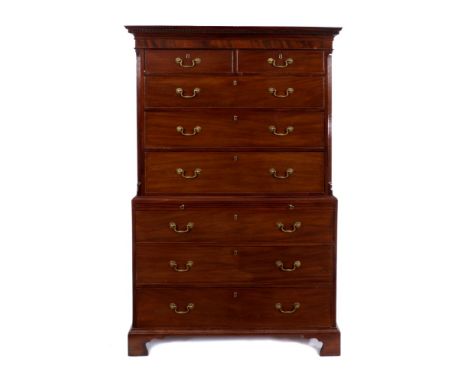 Good George III mahogany chest on chest with dentil cornice and two short over three long drawers, the base with brushing sli