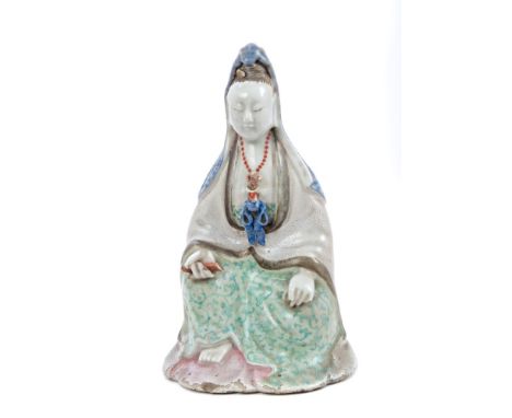 Fine 18th / 19th century Chinese porcelain figure of a seated goddess decorated in polychrome enamels and bianco sur bianco s