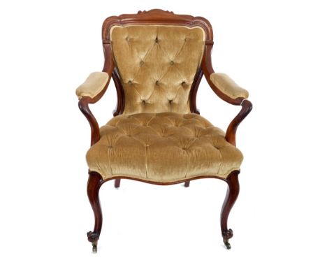 Good early Victorian walnut armchair with over scroll-shaped top rail, button upholstered back and seat and pad upholstered s