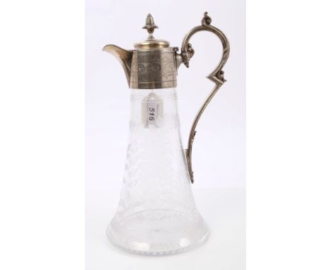 Victorian cut glass claret jug with etched fern decoration and star cut base, silver plated mount, scroll handle, with hinged