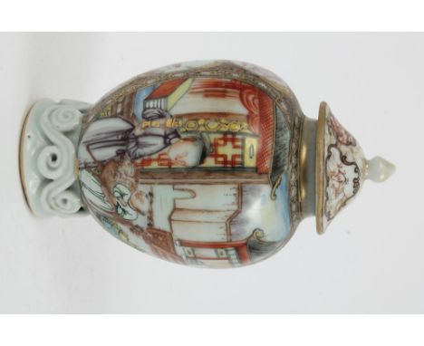 Late 18th century Chinese export porcelain tea caddy vase and cover with finely painted domestic scene decoration and moulded