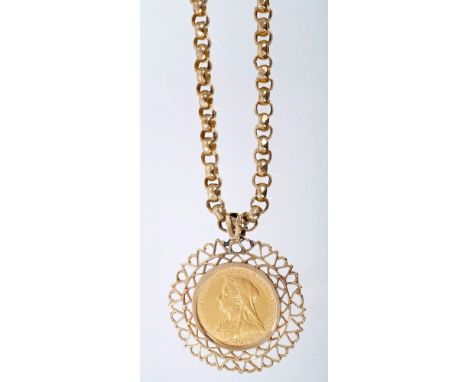 Victorian gold sovereign - 1900, in gold pendant mount on belcher link chain CONDITION REPORT Total gross weight approximatel