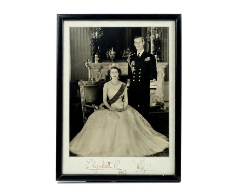 HM Queen Elizabeth II and The Duke of Edinburgh - fine black and white Royal Presentation portrait photograph of the young Qu