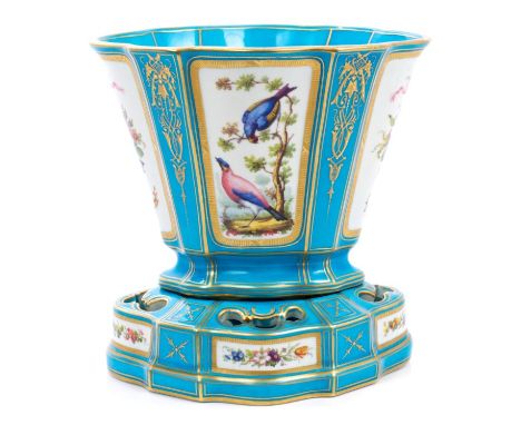 Fine 19th century Sèvres porcelain vase hollandais, the flared vase on pierced shaped base with blue Celeste ground, decorate
