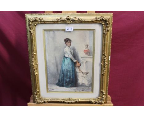 Giacomo Campi (1846 - 1921), watercolour - portrait of a lady standing in an interior, signed and inscribed Milano, in glazed