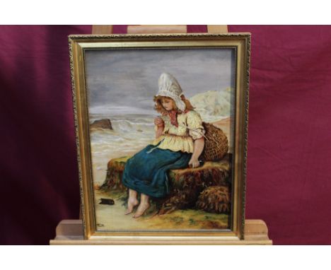 K. May, Victorian English School oil on canvas - message in a bottle, signed and dated '89, in gilt frame, 40cm x 30cm