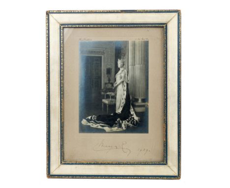 HM Queen Mary - fine signed Royal Presentation portrait photograph of The Queen wearing State robes and jewels, by Hay Wright