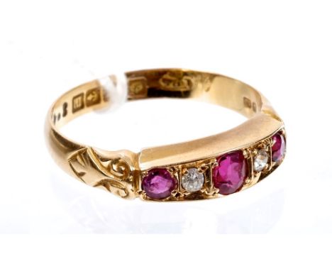 Gold (18ct) ruby and diamond five stone ring in gold setting (Birmingham 1911).  Ring size M½ CONDITION REPORT Very good cond