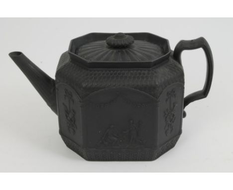 Early 19th century black basalt teapot and cover by Keeling Toft & Co, of canted rectangular form, with applied figural and t