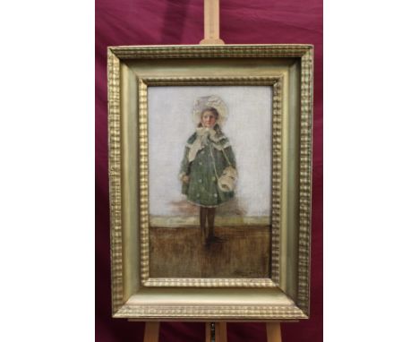Annie E. Dixon, late Victorian / Edwardian oil on canvas laid on board - portrait of a young girl in green coat, signed and d