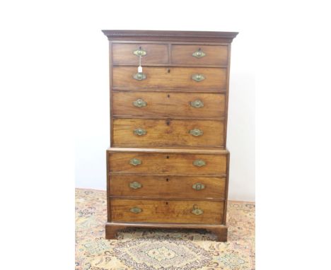 George III mahogany chest on chest with dentil moulded cornice and two short over three long drawers, the base with three lon