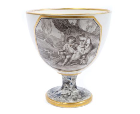 Large early 19th century, probably Spode egg cup-shaped goblet with printed romantic shepherd and shepherdess scenes, on gilt