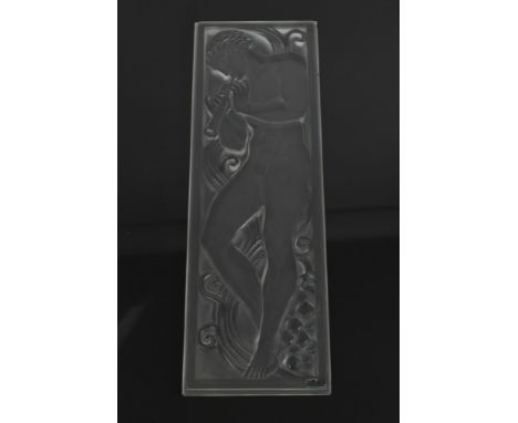 Lalique frosted moulded glass panel entitled 'Joueur de Pipeau' depicting a naked man playing a pipe, 46cm x 15.3cm signed La