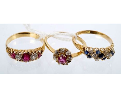 Edwardian gold (18ct) sapphire and diamond ring (Birmingham 1902).  Ring size P, Victorian ruby and diamond five stone ring i