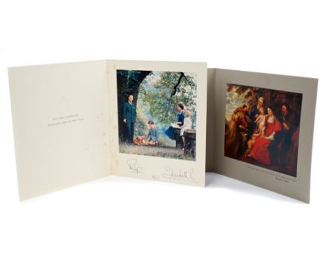 HM Queen Elizabeth II and The Duke of Edinburgh - signed 1957 Christmas card with gilt embossed crown to cover and charming c