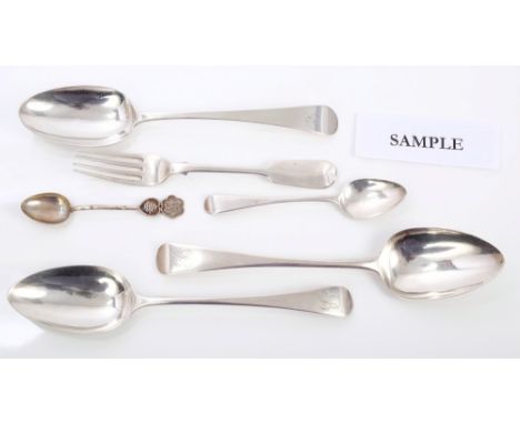 Large selection of Georgian and later silver flatware, including eight tablespoons, eight dessert spoons, seven dinner forks,