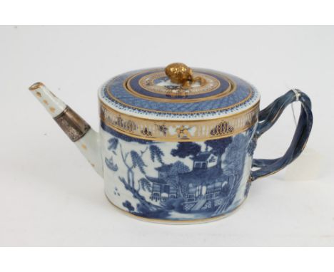 Late 18th century Chinese export blue and white oval teapot with lid and painted landscape, silver collar to spout and strapw