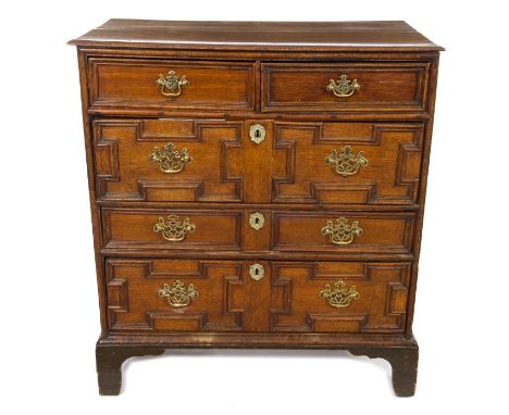 Charles II oak geometric moulded chest of drawers with two short and three long drawers raised on bracket feet, 94cm wide x 5
