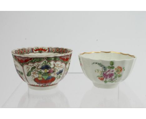 Two mid-18th century Worcester polychrome fluted tea bowls - one decorated with dragons on compartments, the other painted wi