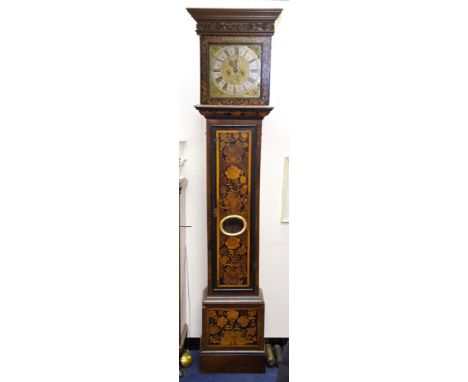 Early 18th century longcase clock with eight day movement, twelve inch brass dial with cherub spandrels, matted centre and wi