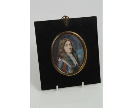 Victorian English School oval portrait miniature on ivory - The Duke of Monmouth, in gilt metal mounted ebonised frame, 8cm x