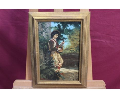 H. Gregory, oil on mahogany panel - a boy playing mandolin in an exotic garden, signed, in gilt frame, 32cm x 21cm