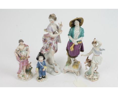 Four late 19th century German Sitzendorf porcelain figures - classical female subjects, blindfolded cherub and First World Wa