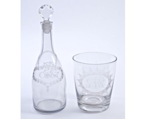 Georgian glass tumbler with finely engraved GMR monogram within cartouche, 11.5cm and Georgian oil bottle with stopper with e
