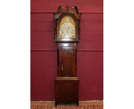 Early 19th century-style longcase clock with eight day movement striking on a gong, fourteen inch brass break arch dial with 