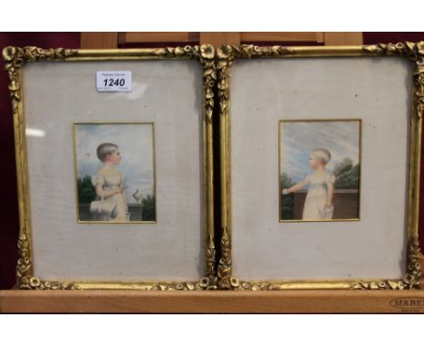 Pair early 19th century Scottish School watercolour portrait miniatures - children on a terrace, in glazed gilt frames, 11cm 
