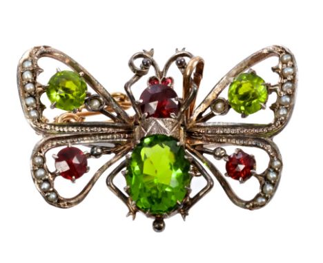 Edwardian seed pearl and gem set butterfly brooch in silver setting with hinged wings and clip / pin fitting, 35mm CONDITION 