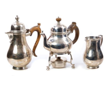 Contemporary silver spirit kettle of baluster form, with scroll fruitwood handle, covered spout and hinged domed cover in the