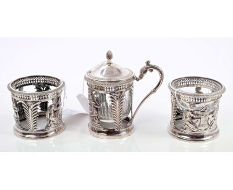 Early 19th century French silver three piece condiment set, comprising pair of standing salts of cylindrical form, with pierc