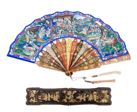 19th century Chinese export papier mâché and painted paper fan, painted to both faces with scenes of figures in interiors, ea