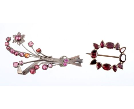 Georgian garnet brooch with flat facet cut garnets in foil-backed setting, 28mm and an Indian ruby and red stone floral spray