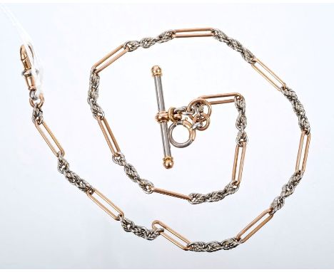 Edwardian white and rose gold-coloured metal watch chain with fancy links, 36cm