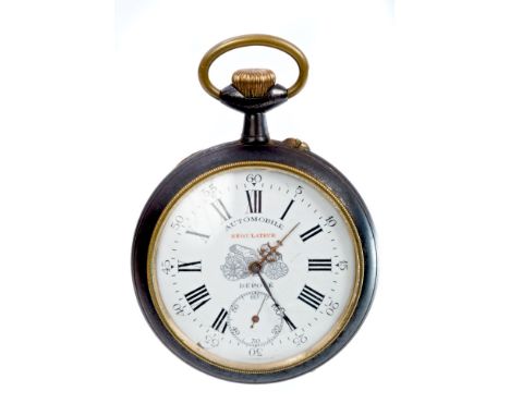 Large late 19th century Automobile Regulateur pocket watch with white enamel dial with subsidiary seconds, the dial decorated
