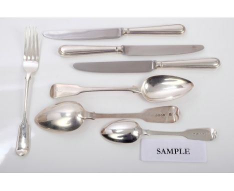 Composite Georgian and later silver canteen of fiddle pattern flatware, comprising twelve dinner forks, twelve dessert forks,