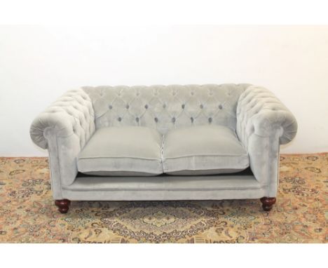 Victorian-style button back bespoke made sofa of square form, with scroll arms, button upholstered in grey velvet