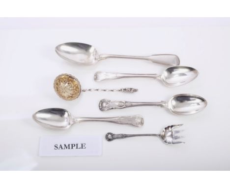 Selection of Georgian and later silver flatware, including tablespoons, dessert spoons, teaspoons, sifter spoon and others (v