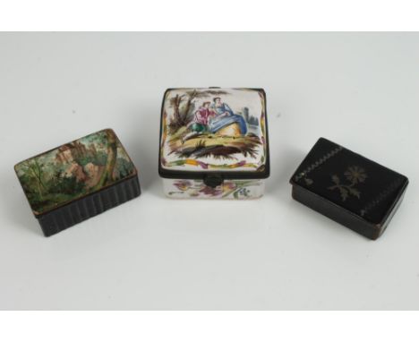 Antique French enamel lidded box of square cushion form, with hinged cover, polychrome decorated with figures in 18th century