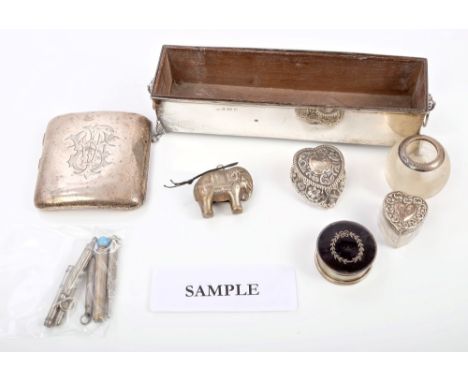 Selection of miscellaneous Victorian and later silver and white metal, including a heart-shaped silver box, silver mounted ma
