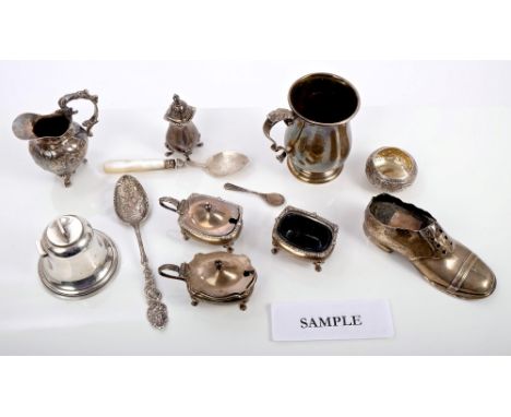 Selection of miscellaneous silver including an Edwardian novelty pincushion in the form of a shoe, a bell inkwell, christenin