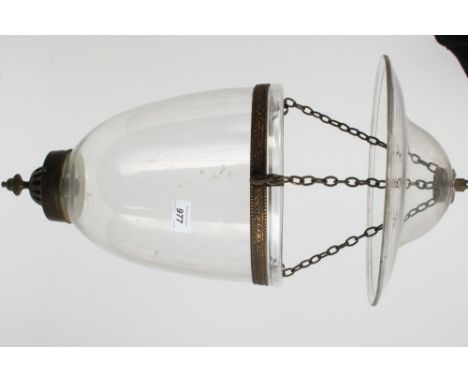 Antique glass hanging hall lantern, domed clear glass suspending from a chain, with cylindrical tapering ovoid body with pier