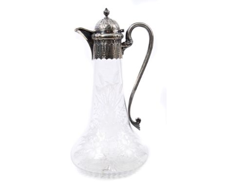 Victorian silver mounted cut glass claret jug of baluster form, with engraved foliate decoration, silver mount with leaf and 